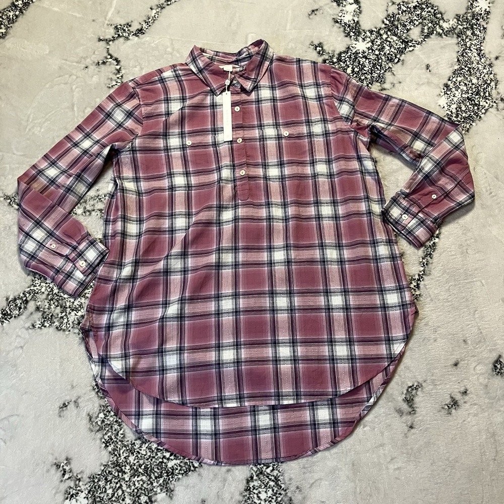 Caslon Shirt Womens Size Large Purple Plaid Tunic Top Half Button Placket